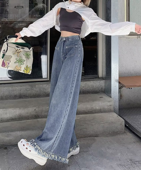 ワイドデニムパンツ 裾フリンジ ジーパン レディース ハイウエストロングパンツ 体形カバー 美脚脚長ボトムス 韓国風ジーンズ カジュアル レトロデニムバギーパンツ 6DAKUANG-002
