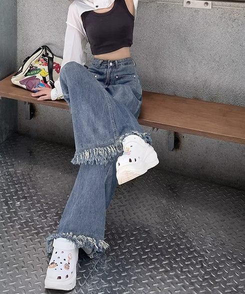 ワイドデニムパンツ 裾フリンジ ジーパン レディース ハイウエストロングパンツ 体形カバー 美脚脚長ボトムス 韓国風ジーンズ カジュアル レトロデニムバギーパンツ 6DAKUANG-002