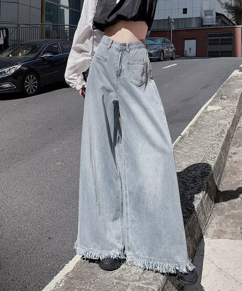 ワイドデニムパンツ 裾フリンジ ジーパン レディース ハイウエストロングパンツ 体形カバー 美脚脚長ボトムス 韓国風ジーンズ カジュアル レトロデニムバギーパンツ 6DAKUANG-002