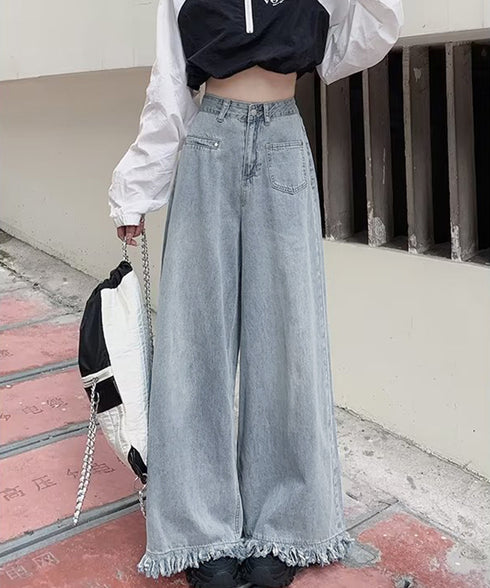 ワイドデニムパンツ 裾フリンジ ジーパン レディース ハイウエストロングパンツ 体形カバー 美脚脚長ボトムス 韓国風ジーンズ カジュアル レトロデニムバギーパンツ 6DAKUANG-002