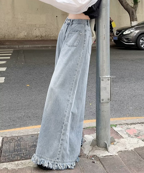 ワイドデニムパンツ 裾フリンジ ジーパン レディース ハイウエストロングパンツ 体形カバー 美脚脚長ボトムス 韓国風ジーンズ カジュアル レトロデニムバギーパンツ 6DAKUANG-002