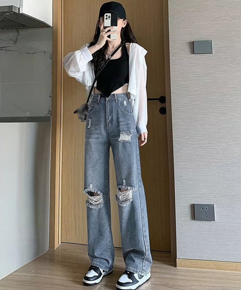 ダメージデニムパンツ レディースおしゃれ ハイウエスト ストレートデニム ホットガールスタイル アメカジジーパン カジュアルレトロジーンズ ロングズボン 美脚脚長 6DAKUANG-003