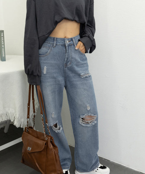 ダメージデニムパンツ レディースおしゃれ ハイウエスト ストレートデニム ホットガールスタイル アメカジジーパン カジュアルレトロジーンズ ロングズボン 美脚脚長 6DAKUANG-003