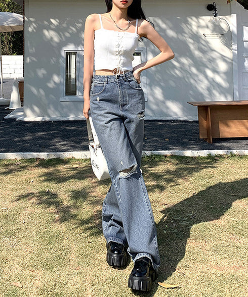 ダメージデニムパンツ レディースおしゃれ ハイウエスト ストレートデニム ホットガールスタイル アメカジジーパン カジュアルレトロジーンズ ロングズボン 美脚脚長 6DAKUANG-003