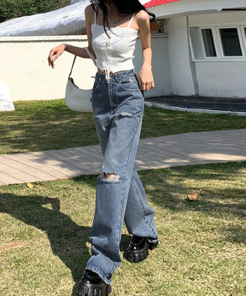 ダメージデニムパンツ レディースおしゃれ ハイウエスト ストレートデニム ホットガールスタイル アメカジジーパン カジュアルレトロジーンズ ロングズボン 美脚脚長 6DAKUANG-003