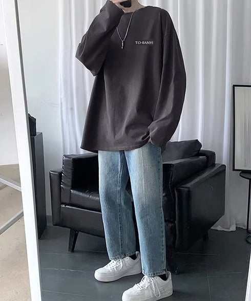 メンズtシャツ 長袖 ロンTクールネック 無地Tシャツ ロゴ付きカットソー 大人ジュアル インナートップス シンプル 春秋服着回し 白tシャツ ロンティー ロンt 6DAKUANG-004