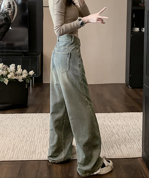 ヴィンテージ風ワイドデニムパンツ美脚 レディース ウォッシュ加工 ルーズデニム 色落ちジーンズ アメカジ 古着ファッション カジュアル ワイドパンツ 長ズボン 6DAKUANG-005