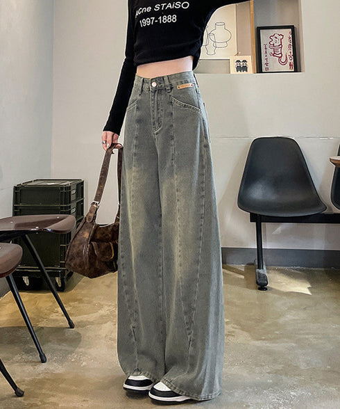 ヴィンテージ風ワイドデニムパンツ美脚 レディース ウォッシュ加工 ルーズデニム 色落ちジーンズ アメカジ 古着ファッション カジュアル ワイドパンツ 長ズボン 6DAKUANG-005