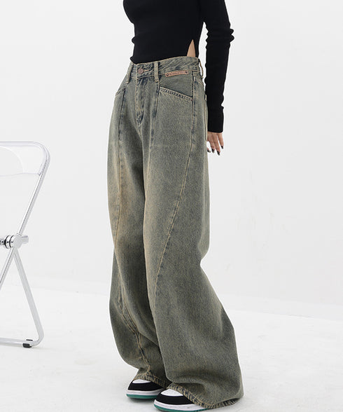 ヴィンテージ風ワイドデニムパンツ美脚 レディース ウォッシュ加工 ルーズデニム 色落ちジーンズ アメカジ 古着ファッション カジュアル ワイドパンツ 長ズボン 6DAKUANG-005