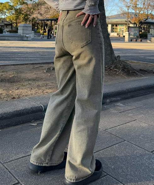 ヴィンテージ風ワイドデニムパンツ美脚 レディース ウォッシュ加工 ルーズデニム 色落ちジーンズ アメカジ 古着ファッション カジュアル ワイドパンツ 長ズボン 6DAKUANG-005