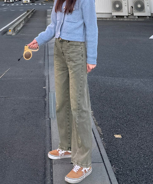 ヴィンテージ風ワイドデニムパンツ美脚 レディース ウォッシュ加工 ルーズデニム 色落ちジーンズ アメカジ 古着ファッション カジュアル ワイドパンツ 長ズボン 6DAKUANG-005