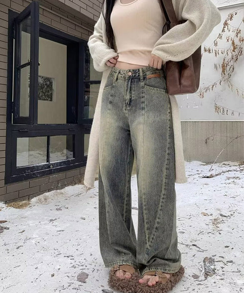 ヴィンテージ風ワイドデニムパンツ美脚 レディース ウォッシュ加工 ルーズデニム 色落ちジーンズ アメカジ 古着ファッション カジュアル ワイドパンツ 長ズボン 6DAKUANG-005
