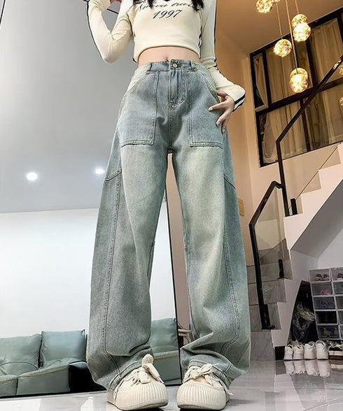 バギーデニムパンツ レディース レトロ風 ウォッシュデニムワイドパンツ 着やせ おしゃれ ヴィンテージルーズジーパン カジュアルバギージーンズ ヒップホップパンツ 6DAKUANG-006