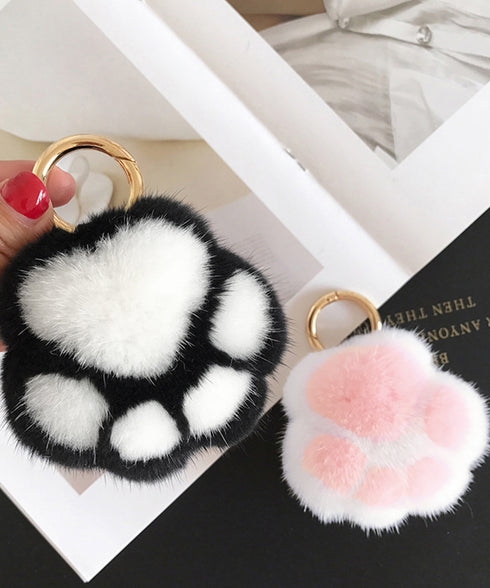 足跡キーホルダー もこもこファーチャーム ふわふわバッグチャーム リング付き 猫の肉球キーリング キーチェーン可愛いバッグ飾り 鞄アクセサリーお洒落ミニチャーム 6ERHANG-001
