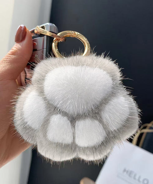 足跡キーホルダー もこもこファーチャーム ふわふわバッグチャーム リング付き 猫の肉球キーリング キーチェーン可愛いバッグ飾り 鞄アクセサリーお洒落ミニチャーム 6ERHANG-001