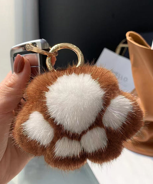 足跡キーホルダー もこもこファーチャーム ふわふわバッグチャーム リング付き 猫の肉球キーリング キーチェーン可愛いバッグ飾り 鞄アクセサリーお洒落ミニチャーム 6ERHANG-001