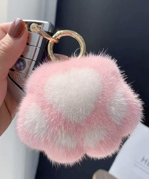 足跡キーホルダー もこもこファーチャーム ふわふわバッグチャーム リング付き 猫の肉球キーリング キーチェーン可愛いバッグ飾り 鞄アクセサリーお洒落ミニチャーム 6ERHANG-001