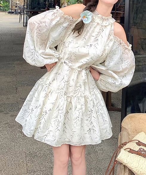 オフショルダー ティアードミニワンピース レディース 花柄 フリルワンピース フェミニン ゆったり チュニックワンピース きれいめ 可愛い夏服 フレアワンピデート 6GUJI-001