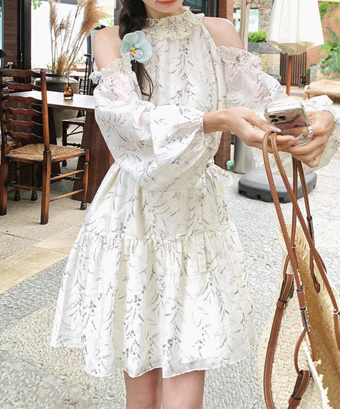 オフショルダー ティアードミニワンピース レディース 花柄 フリルワンピース フェミニン ゆったり チュニックワンピース きれいめ 可愛い夏服 フレアワンピデート 6GUJI-001