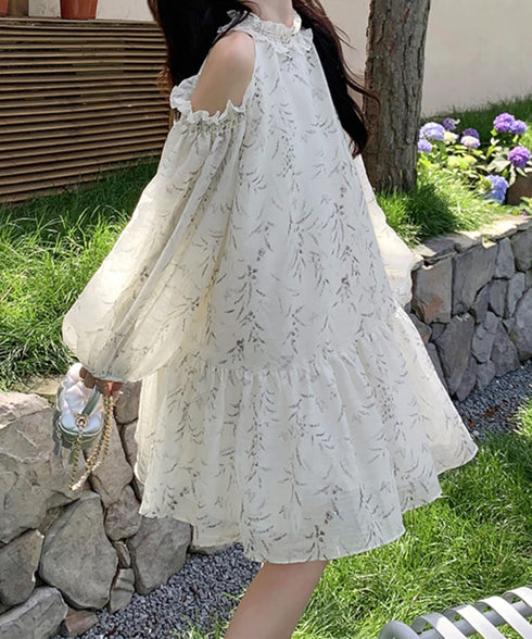 オフショルダー ティアードミニワンピース レディース 花柄 フリルワンピース フェミニン ゆったり チュニックワンピース きれいめ 可愛い夏服 フレアワンピデート 6GUJI-001