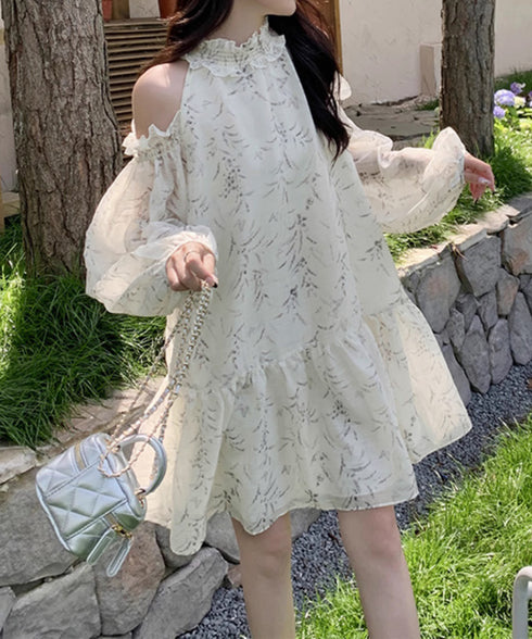 オフショルダー ティアードミニワンピース レディース 花柄 フリルワンピース フェミニン ゆったり チュニックワンピース きれいめ 可愛い夏服 フレアワンピデート 6GUJI-001