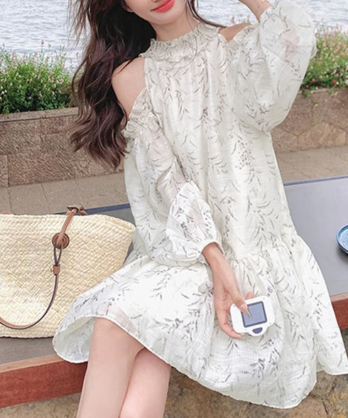 オフショルダー ティアードミニワンピース レディース 花柄 フリルワンピース フェミニン ゆったり チュニックワンピース きれいめ 可愛い夏服 フレアワンピデート 6GUJI-001