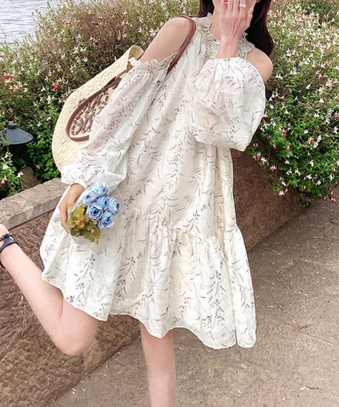 オフショルダー ティアードミニワンピース レディース 花柄 フリルワンピース フェミニン ゆったり チュニックワンピース きれいめ 可愛い夏服 フレアワンピデート 6GUJI-001