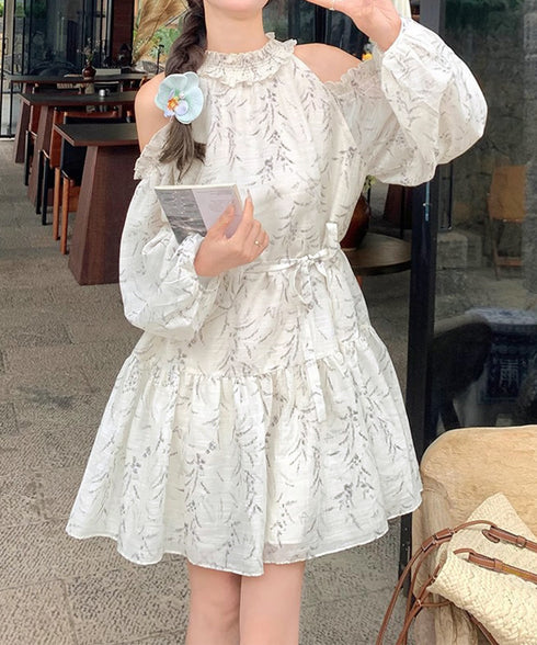 オフショルダー ティアードミニワンピース レディース 花柄 フリルワンピース フェミニン ゆったり チュニックワンピース きれいめ 可愛い夏服 フレアワンピデート 6GUJI-001