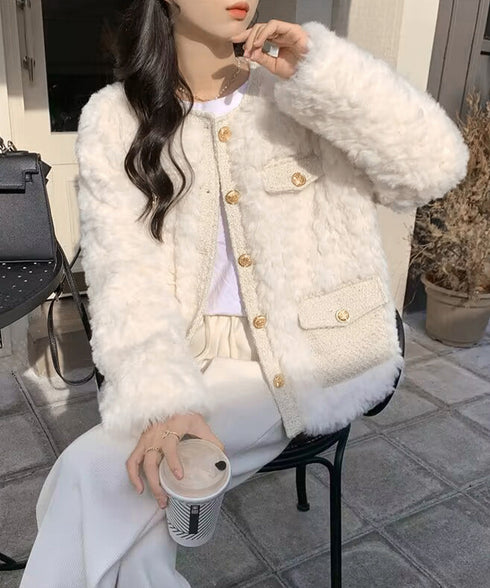 中綿入りファージャケット秋冬ボアアウター レディース 金ボタンツイード調ジャケット 韓国風ふわふわファーアウターきれいめノーカラジャケット暖かいブルゾンエレガント 6GUJI-002