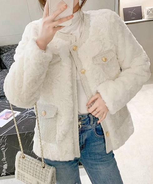 中綿入りファージャケット秋冬ボアアウター レディース 金ボタンツイード調ジャケット 韓国風ふわふわファーアウターきれいめノーカラジャケット暖かいブルゾンエレガント 6GUJI-002