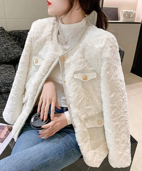 中綿入りファージャケット秋冬ボアアウター レディース 金ボタンツイード調ジャケット 韓国風ふわふわファーアウターきれいめノーカラジャケット暖かいブルゾンエレガント 6GUJI-002
