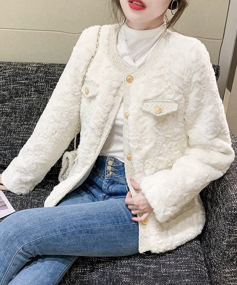 中綿入りファージャケット秋冬ボアアウター レディース 金ボタンツイード調ジャケット 韓国風ふわふわファーアウターきれいめノーカラジャケット暖かいブルゾンエレガント 6GUJI-002