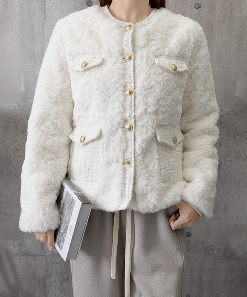 中綿入りファージャケット秋冬ボアアウター レディース 金ボタンツイード調ジャケット 韓国風ふわふわファーアウターきれいめノーカラジャケット暖かいブルゾンエレガント 6GUJI-002