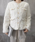 中綿入りファージャケット秋冬ボアアウター レディース 金ボタンツイード調ジャケット 韓国風ふわふわファーアウターきれいめノーカラジャケット暖かいブルゾンエレガント 6GUJI-002