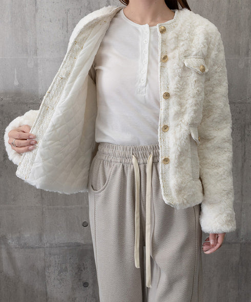 中綿入りファージャケット秋冬ボアアウター レディース 金ボタンツイード調ジャケット 韓国風ふわふわファーアウターきれいめノーカラジャケット暖かいブルゾンエレガント 6GUJI-002