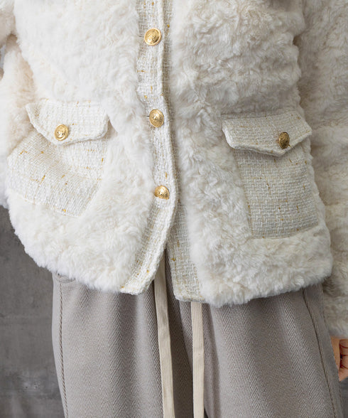 中綿入りファージャケット秋冬ボアアウター レディース 金ボタンツイード調ジャケット 韓国風ふわふわファーアウターきれいめノーカラジャケット暖かいブルゾンエレガント 6GUJI-002
