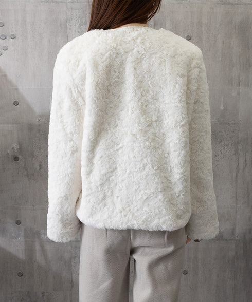 中綿入りファージャケット秋冬ボアアウター レディース 金ボタンツイード調ジャケット 韓国風ふわふわファーアウターきれいめノーカラジャケット暖かいブルゾンエレガント 6GUJI-002