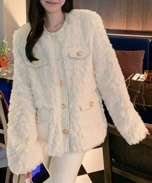 中綿入りファージャケット秋冬ボアアウター レディース 金ボタンツイード調ジャケット 韓国風ふわふわファーアウターきれいめノーカラジャケット暖かいブルゾンエレガント 6GUJI-002
