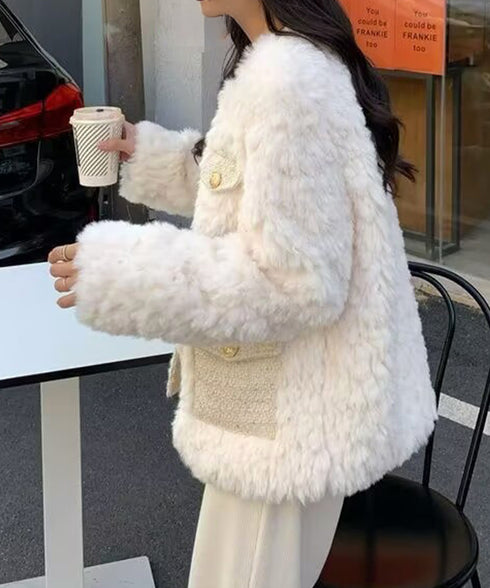 中綿入りファージャケット秋冬ボアアウター レディース 金ボタンツイード調ジャケット 韓国風ふわふわファーアウターきれいめノーカラジャケット暖かいブルゾンエレガント 6GUJI-002