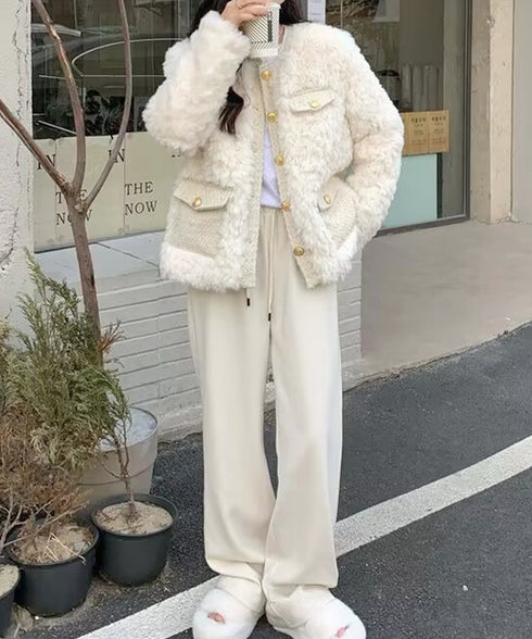 中綿入りファージャケット秋冬ボアアウター レディース 金ボタンツイード調ジャケット 韓国風ふわふわファーアウターきれいめノーカラジャケット暖かいブルゾンエレガント 6GUJI-002