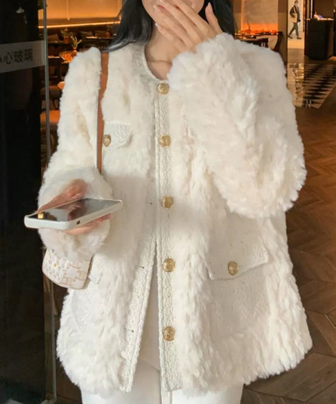 中綿入りファージャケット秋冬ボアアウター レディース 金ボタンツイード調ジャケット 韓国風ふわふわファーアウターきれいめノーカラジャケット暖かいブルゾンエレガント 6GUJI-002
