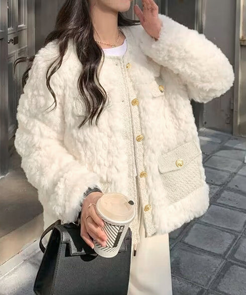 中綿入りファージャケット秋冬ボアアウター レディース 金ボタンツイード調ジャケット 韓国風ふわふわファーアウターきれいめノーカラジャケット暖かいブルゾンエレガント 6GUJI-002