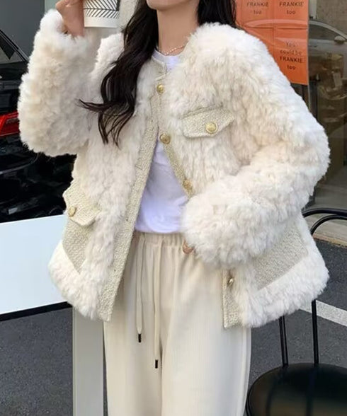 中綿入りファージャケット秋冬ボアアウター レディース 金ボタンツイード調ジャケット 韓国風ふわふわファーアウターきれいめノーカラジャケット暖かいブルゾンエレガント 6GUJI-002
