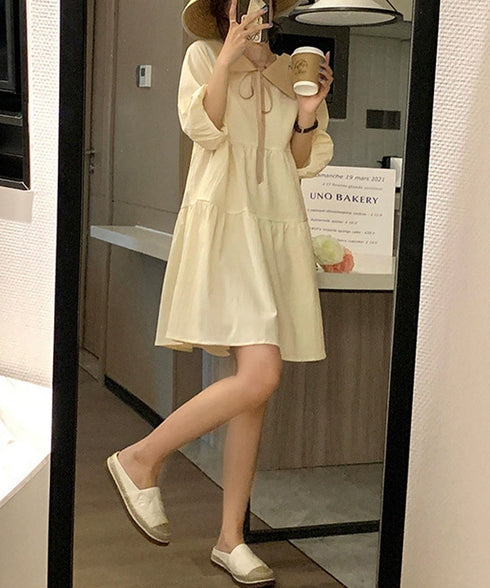 セーラー襟ティアードチュニックワンピース レディース フェミニンミニワンピース夏 ビッグカラー 五分袖ワンピ パフスリーブ Aラインワンピース 着やせドレス韓国風 6HANMAO-001