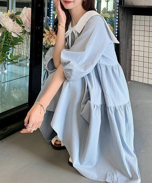 セーラー襟ティアードチュニックワンピース レディース フェミニンミニワンピース夏 ビッグカラー 五分袖ワンピ パフスリーブ Aラインワンピース 着やせドレス韓国風 6HANMAO-001