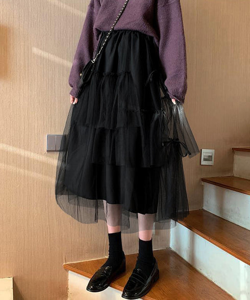ティアードスカートロングチュールスカート レディース リボン付きスカート ランダムティアードスカート ふんわりミモレ丈スカート 大人可愛いフレアスカート春夏韓国風 6HMEIX-002