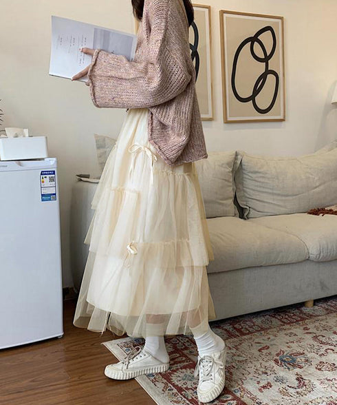 ティアードスカートロングチュールスカート レディース リボン付きスカート ランダムティアードスカート ふんわりミモレ丈スカート 大人可愛いフレアスカート春夏韓国風 6HMEIX-002