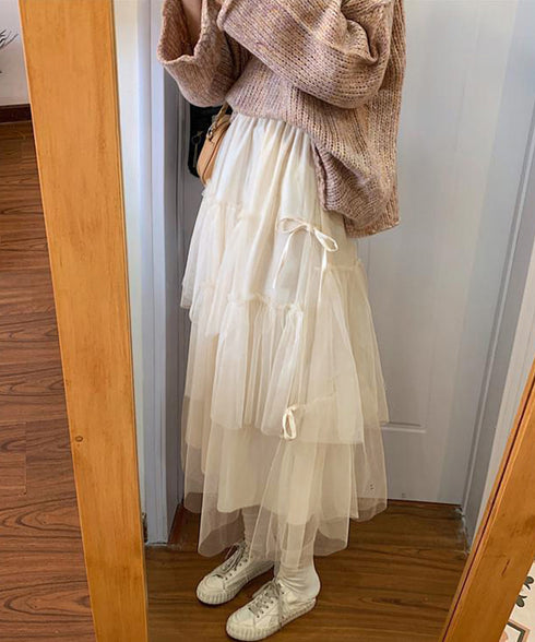 ティアードスカートロングチュールスカート レディース リボン付きスカート ランダムティアードスカート ふんわりミモレ丈スカート 大人可愛いフレアスカート春夏韓国風 6HMEIX-002