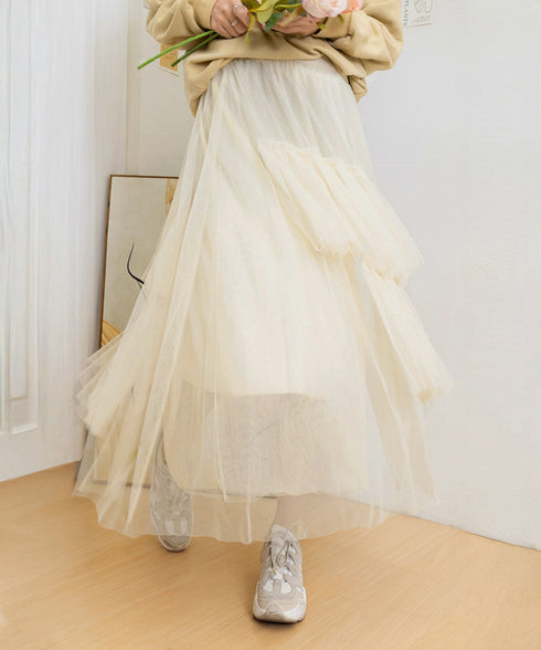 ティアードスカートロングチュールスカート レディース リボン付きスカート ランダムティアードスカート ふんわりミモレ丈スカート 大人可愛いフレアスカート春夏韓国風 6HMEIX-002