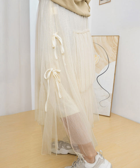 ティアードスカートロングチュールスカート レディース リボン付きスカート ランダムティアードスカート ふんわりミモレ丈スカート 大人可愛いフレアスカート春夏韓国風 6HMEIX-002